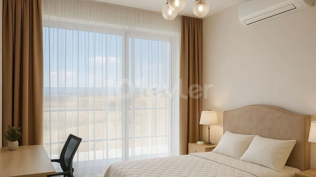 Furnished bedroom with desk, air conditioning and balcony doors